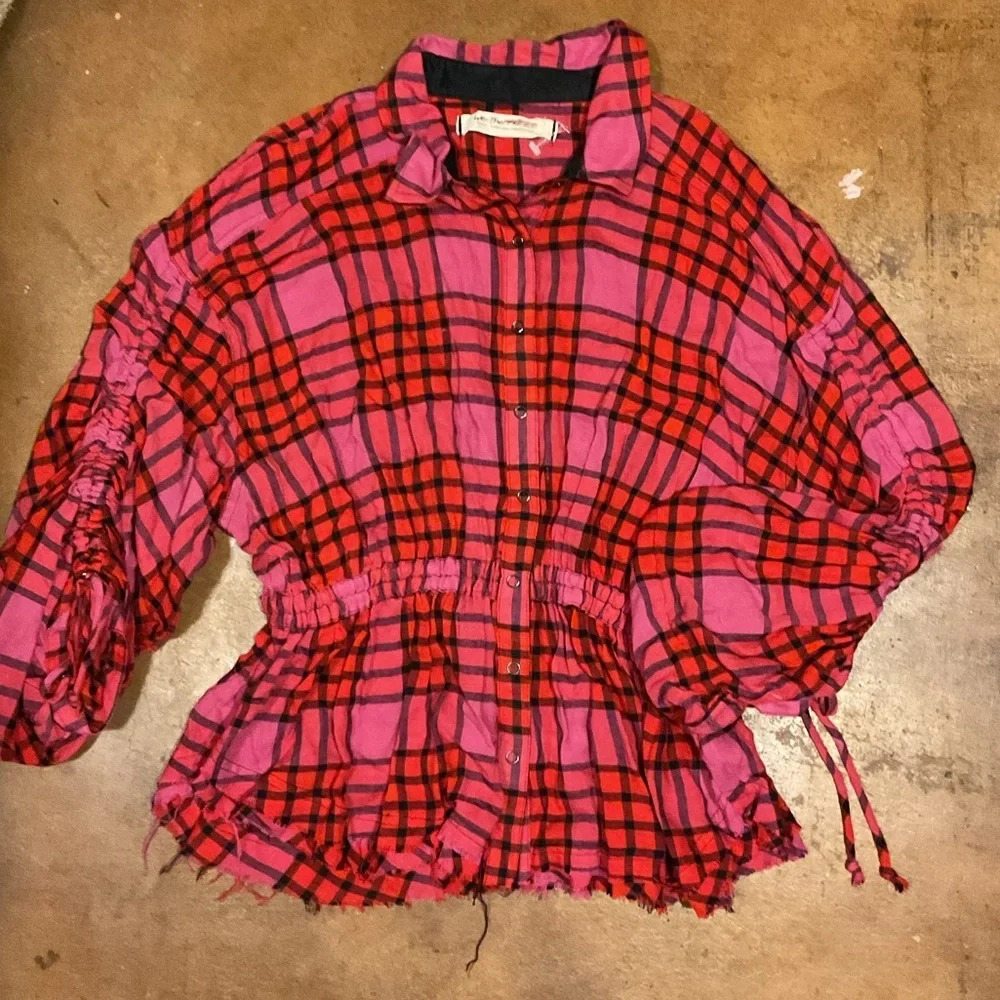 Free People Pink Pallet Plaid Tie Waist Barbie Biker Wool Flannel Blouse C8